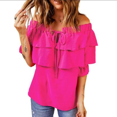 China New European autumn QUICK-DRY short-sleeved top women and the shoulder ruffled edge one-line sexy American style posed seven for sale