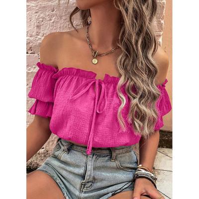 China Anti-wrinkle Bohemian clothing summer ruffled shoulder rose shirt women European and American fashion shirt sexy pleated top for sale