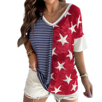 China Anti-wrinkle Short Sleeve American Flag Star Top Stylish Multicolor Striped Print Knit Shirt For Women for sale