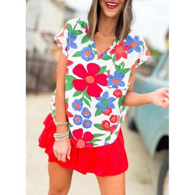 China Beautiful and Stylish Anti-wrinkle Women's Short Sleeve Shirt V-Neck Top Printed Shirt with Chest Pocket for sale