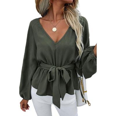 China Wholesale Women's Elegant V-Neckline Top QUICK DRY Bubble Delivery Top Peplum Sleeve Top Europe And America Fashion Shirt for sale