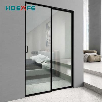 China Modern Soft Closing Plaid Black Aluminum Slim Frame Glass Sliding Door System for sale