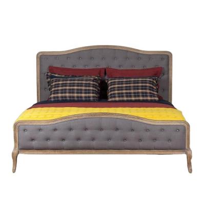 China French provincial oak wood style soft linen double bed with tufted buttons. for sale