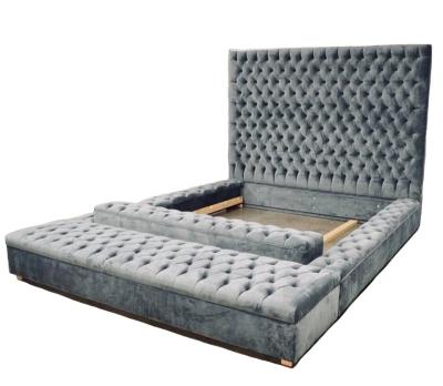 China New Design Modern Wood Frame Velvet Tufted Upholstery King Size Bed With Storage for sale