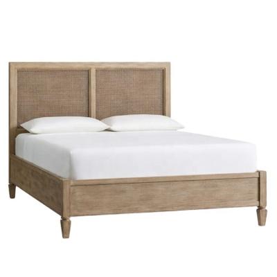 China OEM French Rustic Oak Wood Bedroom Solid American Antique Queen Bed Rattan Frame Bed for sale