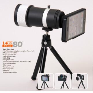 China Black Aluminiumc 14X Optical Zoom Mobile Telescope Lens , Angle View 80 Degree for sale