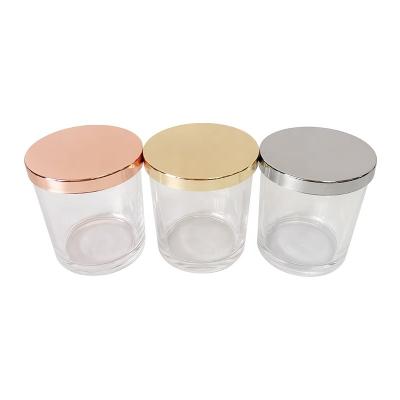 China Wholesale 10oz 300ml Clear Home Candle Decoration Glass Jar With Metal Gold Lid Empty Candle Container For Candle Making for sale