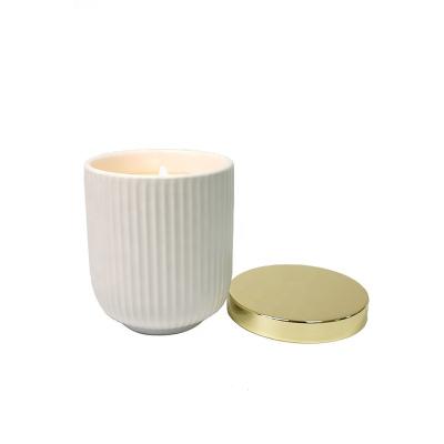 China Modern high quality white stripes matte ceramic candle jar with metal lid empty candle holder container for candle making for sale