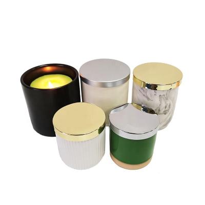 China Modern Ceramic Candle Jar With Shiny Gold Metal Lids Empty Candle Container For Scented Candle Making for sale