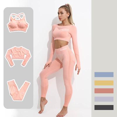 China Plus Size XL 3 Piece Antibacterial Yoga Set Ribbed Seamless Gym Fitness Workout Sets Custom Logo for sale