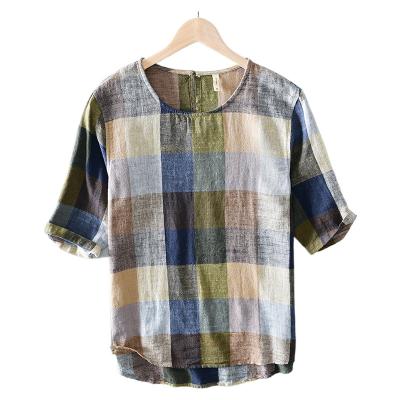 China wholesale New Cotton Summer Full Print Anti-Wrinkle Trend T-shirt Design Men's Short Sleeve Casual Handsome Sense Canvas Plaid Breathable for sale