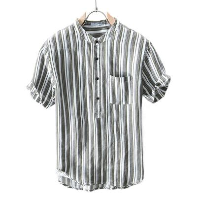 China Fashion small fresh clothes striped casual summer men's short-sleeved shirt pure canvas shirt all with simple top for sale