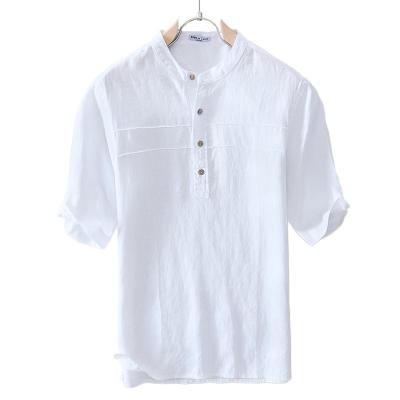 China Summer White Slim Style Anti-wrinkle Small Cool Men's Short Sleeve Shirt Pure Canvas Half-Wrapped Shirt All With Loose Casual T-shirt for sale