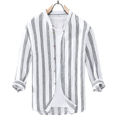 China Custom Youth Pure Canvas Striped Slim Comic Loose Stain Collar Anti-wrinkle Style Casual Shirt for sale