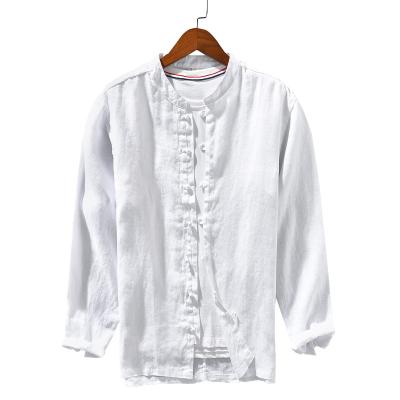 China Anti-wrinkle linen shirt men's pure spring comic buckle cotton long-sleeved antique linen shirt and summer style Chinese style collar for sale