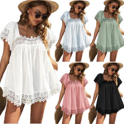 China Anti-pilling Summer Women's Solid Color Casual Lace Shirt Ladies Loose O Neck Shorts Sleeved Top for sale