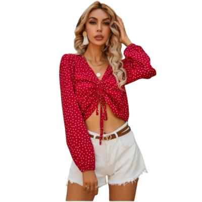 China Fashionable Woman Anti-pilling V-NEC Long Sleeve Elegant Floral Print Blouses Cotton Sexy Slim Short Crop Ruffle Ruched Upper for sale