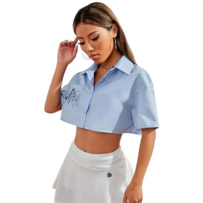 China 2022 Women's Anti-Shrink Summer Tops Casual Short Sleeve Button Crop Top Ladies Stretch Blouses for sale