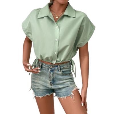 China Anti Shrink Solid Color Summer Loose Short Sleeve Casual Blouse Ladies Tops Elastic Adjustable Shirts for sale