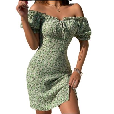 China Lady Dresses Split Backless Summer Breathable Midi Zipper Dress Short Puff Sleeve Lace Up Strap Bow Floral Casual Dresses for sale