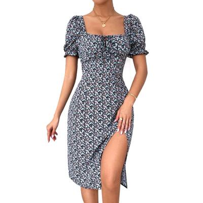 China Summer Vacation Anti-Static Short Sleeve Floral Print Ruched Women Split Square Collar Midi Dress Dress For Girl for sale