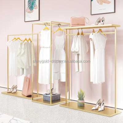 China Clothes Shop Gold Clothing Rack Commercial Clothing Retail Dress Clothes Garment Display Rack Clothing Store Shelving Furniture For Shops for sale