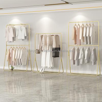 China Clothes Shop Wholesale Modern Chrome Clothes Rack Meta Commercial 2 Teirl Gold Nordic Clothing Rack For Clothing Stores for sale