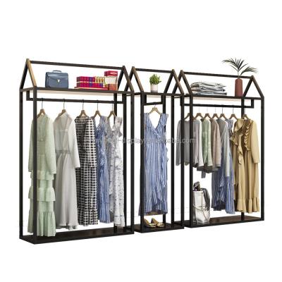 China Clothes Shop 2 Layers Custom Clothing Rack Black Iron Metal Shoes Bag Rack For Clothing Store for sale