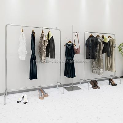 China Clothes Shop Wholesale Shop Floor Standing Clothes Metal Clothing Rack Wall With Shelf for sale