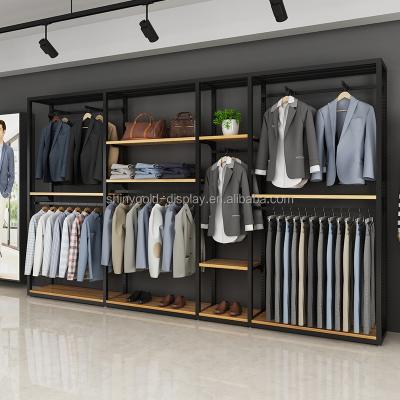 China Clothes Shop Men's Cloth Store Display Rack Shelf Hanger Floor Mall Double 2 Layers Black Clothing Display Rack High End for sale