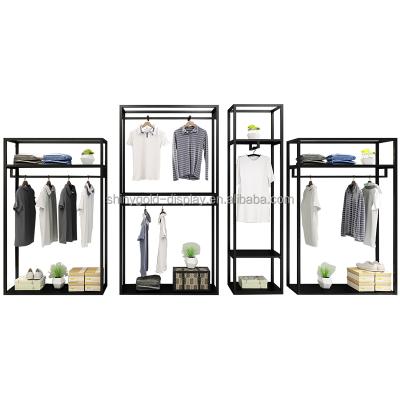 China Black Stainless Steel Men's Series Custom Boutique Clothing Shop Display Stand Custom Boutique Clothes Shop Metal Clothing Display Rack Set for sale