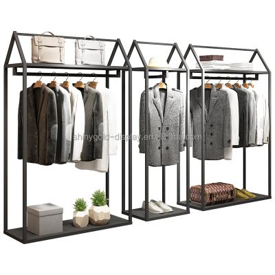 China Black Stainless Steel Men's Series Custom Boutique Clothing Shop Display Stand Custom Boutique Clothes Shop Metal Clothing Display Rack Set for sale