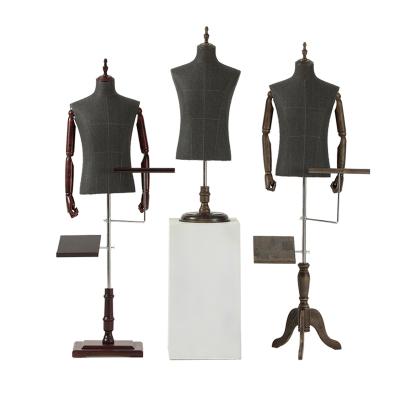 China For clothing display store props male model men's formal dress display stand suit hanger half body mannequin cloth mannequin with wooden arms for sale