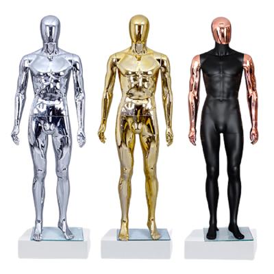 China For Clothing Display Fashion Window Boutique Luxury Shinny Gold Mannequin Body Full Silver Male Muscle Man Suit Display Fiberglass Stand Up Chromed Manequins for sale