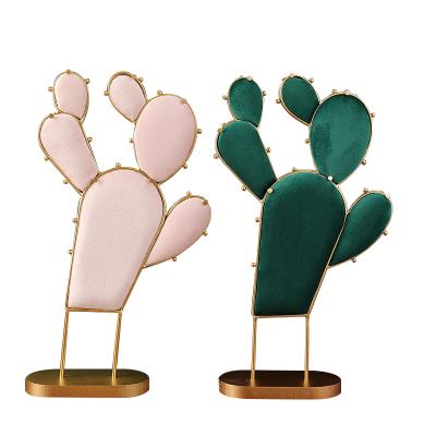 China Reusable Luxury Gold Metal Cactus Necklace Display Stand Velvet Jewelry Holder For Counter Showcase for sale