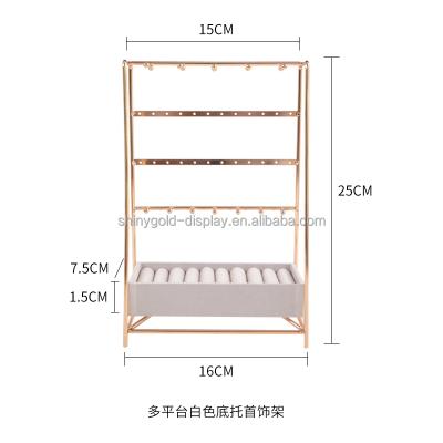 China Reusable 4 Tier Meta Gold Ddecorative Necklace Jewelry Display Stand Earring Holder Ring Rack With Tray for sale