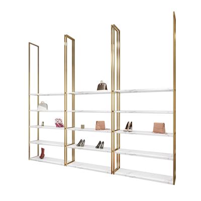 China Modern Wall Mounted Shops Gold Metal Bag Rack Shoe Racks For Store , Luxury Steel Shoe Display Stand For Store for sale