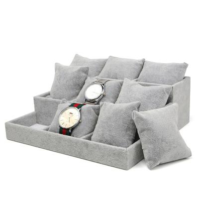 China Watch Store Wholesale Gray Velvet 9 Watch Tray Box Watch Display Holder Wrist Pillow Stand for sale