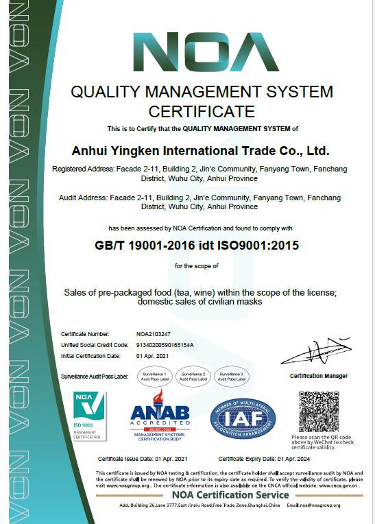 ISO9001 - Anhui Yingken International Trade Co., Ltd.