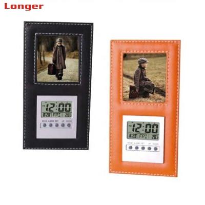 China Wholesale LG3019 Beautiful Digital Leather Picture Frame PU Photo Frame With LCD Clock for sale