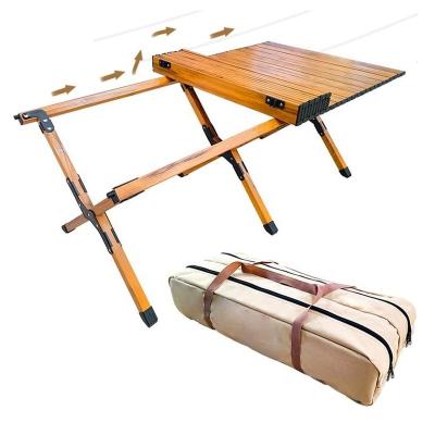 China Pine Wood Picnic Table Egg Roll Portable Outdoor Foldable Wooden Aluminum Portable Camping Table for sale