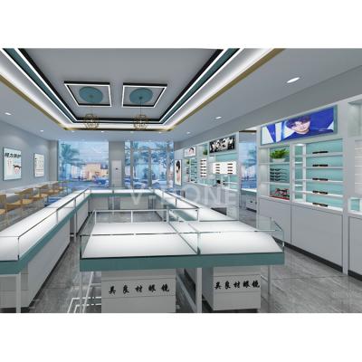 China Store Showcase Wholesale 3D Design Optical Banking Paint Store Wooden Optical Interior Design Layout for sale