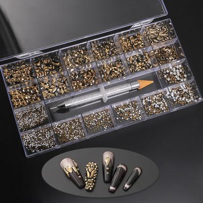 China Shinning hot selling 21 grids set mixed shape fancy non-hot fix glass rhinestone with picker in box for nail art decoration for sale