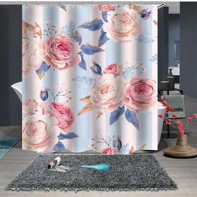 China Hot Sale Floral Print Bathroom Shower Curtain Durable Waterproof Polyester Pongee Fabric Popular Element Customized Packing for sale