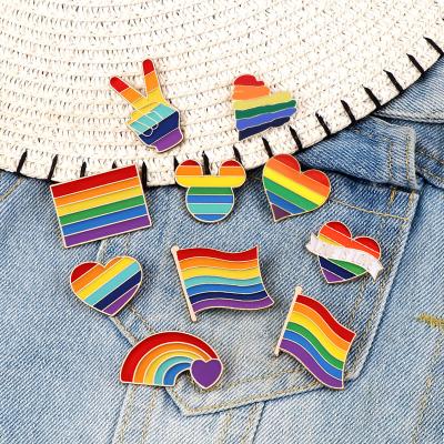 China Europe and America LGBT Style Design Rainbow Creative Heart Yeh Finger Pin Brooch Metal 9 Pins Badge Denim Enamel Lapel Gift Women Custom Pin for sale