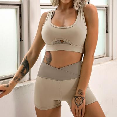 China New QUICK DRY Yoga Sets Look Women Layered Long Sleeve Crop Tops Wrap V Waist Leggings Layered Sports Bra Contrast Waist Cut Out Shorts for sale