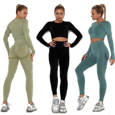 China 2021 Seamless Squat Proof Set Women High Waist Yoga Gym Leggings QUICK DRY Shirts Fit Long Sleeve Tops Fitness Workout Sports Sets for sale