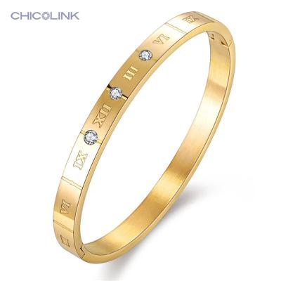 China Color Not Fade Cheap Roman Numerals Crystal Gold Rose Gold Bangle Bracelet Women Couple Stainless Steel Jewelry for sale