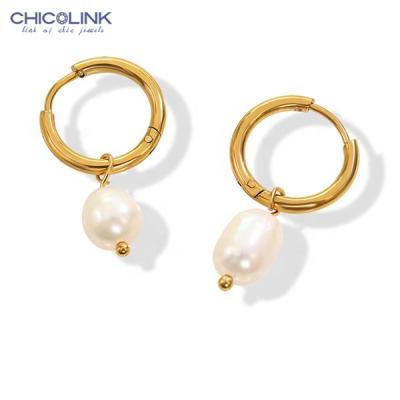 China Color Not Fade CHICOLINK 316L Stainless Steel Pearl Circle Earrings Small Drop Earring Dangle Women 14K Gold Plated Jewelry Wholesales for sale