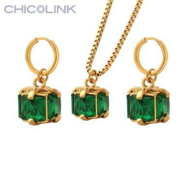 China Color Not Fade High Grade Stainless Steel Crystal Emerald Zircon Necklace Earring Jewelry Gold Set Women Jewelry For Lady Girl for sale